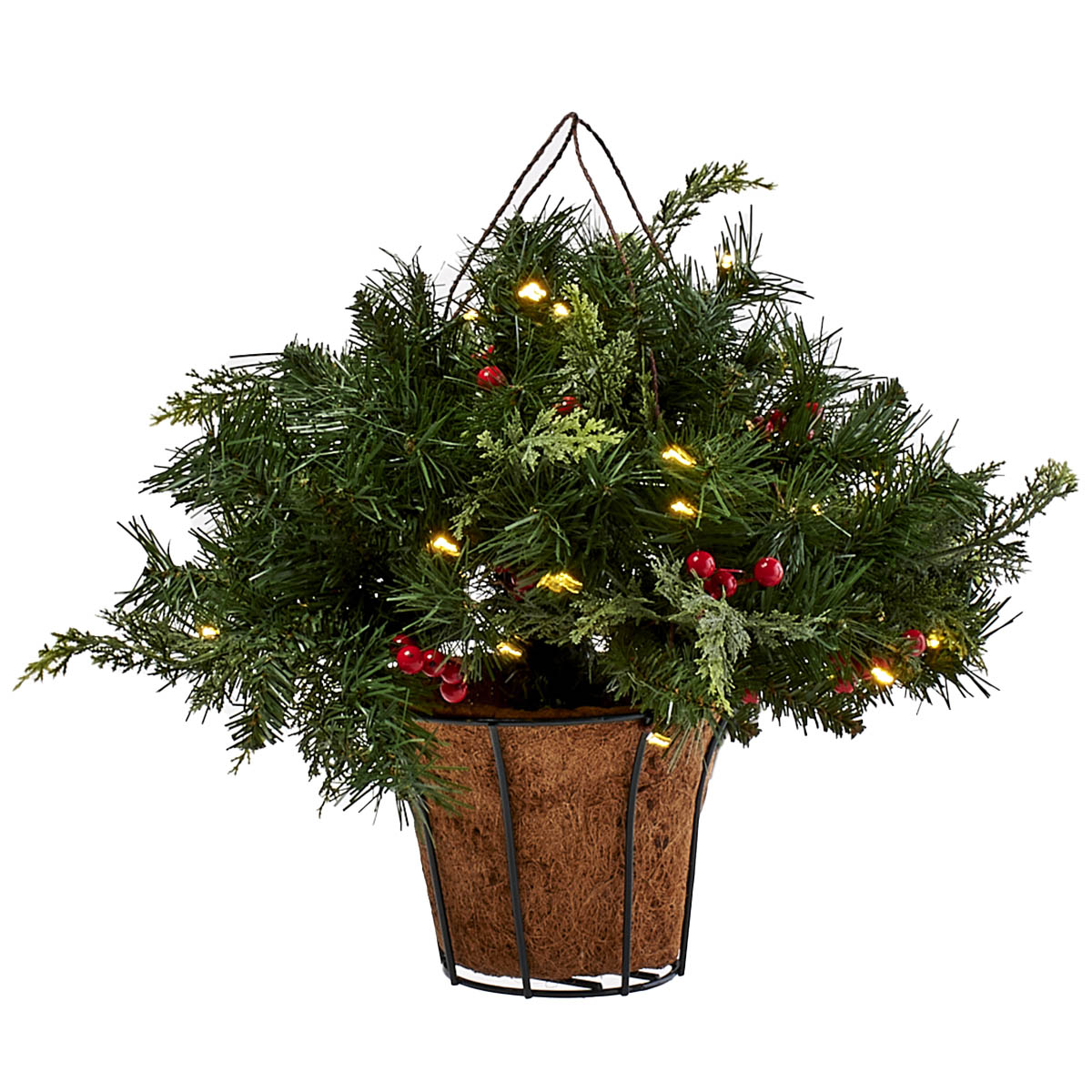 National Tree 14in. Pre Lit Life-Like Hanging Basket With Berries