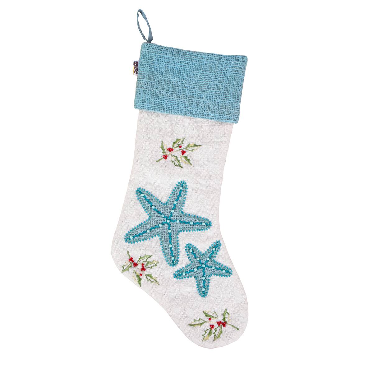 National Tree 20in. White Star Fish Embroidered Stocking
