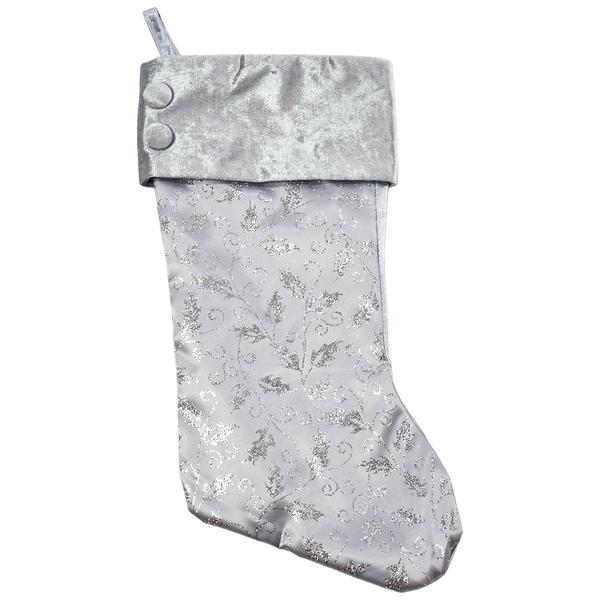 Glitter Satin Stocking with Holly Pattern & Velvet Cuff