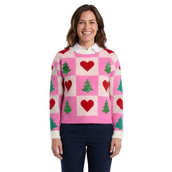 Womens 99 Jane Street Long Sleeve Sequin Tree Heart Sweater