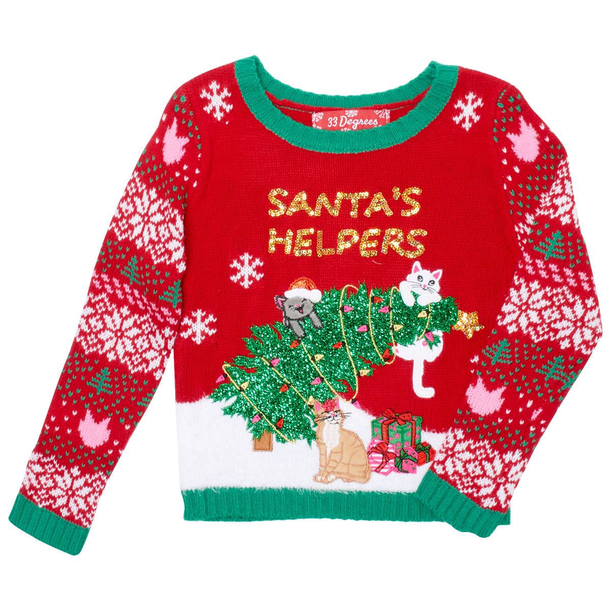 Girls (4-6x) 33 Degrees Cats In Tree Santa's Helper Knit Sweater