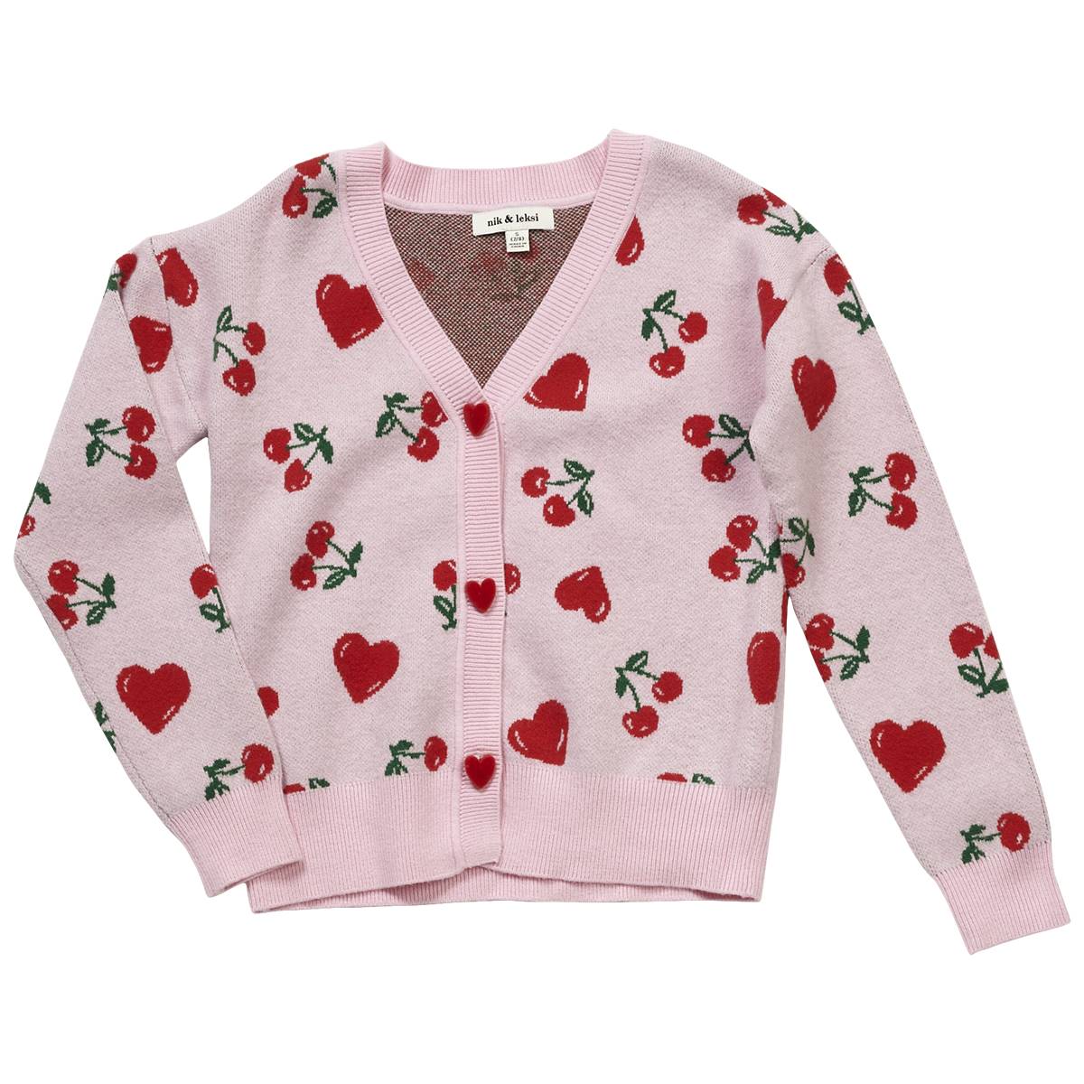 Girls (7-14) Nik & Leksi Felt Button Front Heart Cherry Cardigan