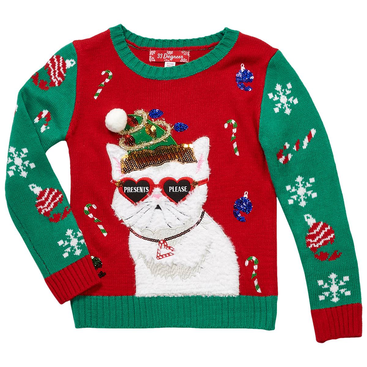 Girls (7-16) 33 Degrees Presents Cat Ugly Christmas Sweater