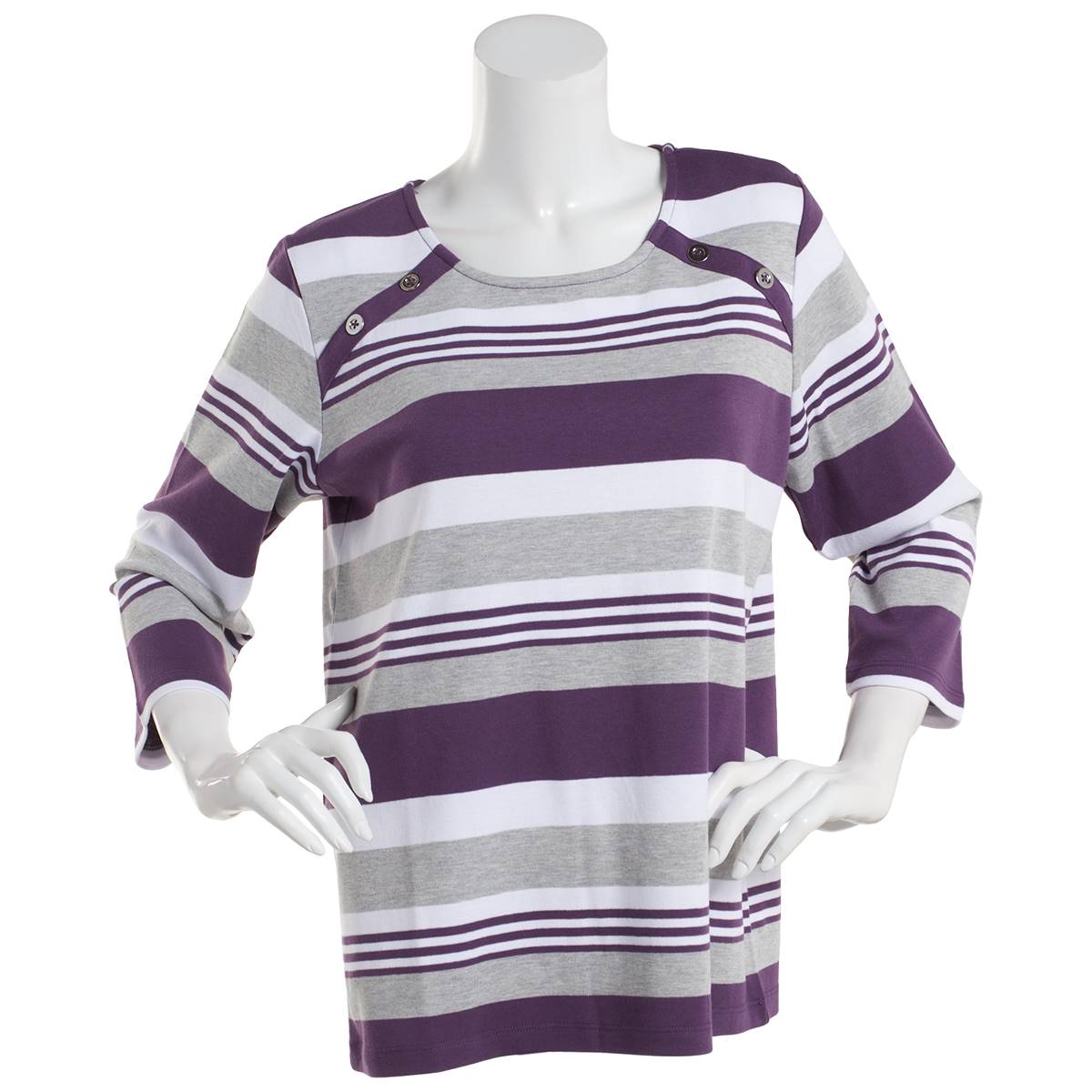 Petite Hasting & Smith 3/4 Sleeve Stripe Button Shoulder Tee