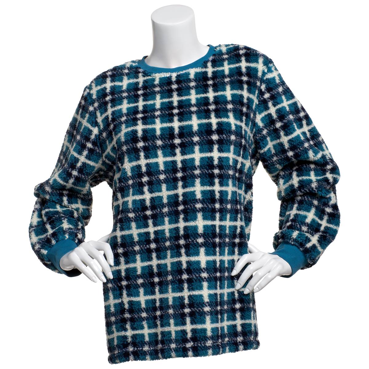 Petite Hasting & Smith Plaid Fleece Sweatshirt-Black Iris/Blue