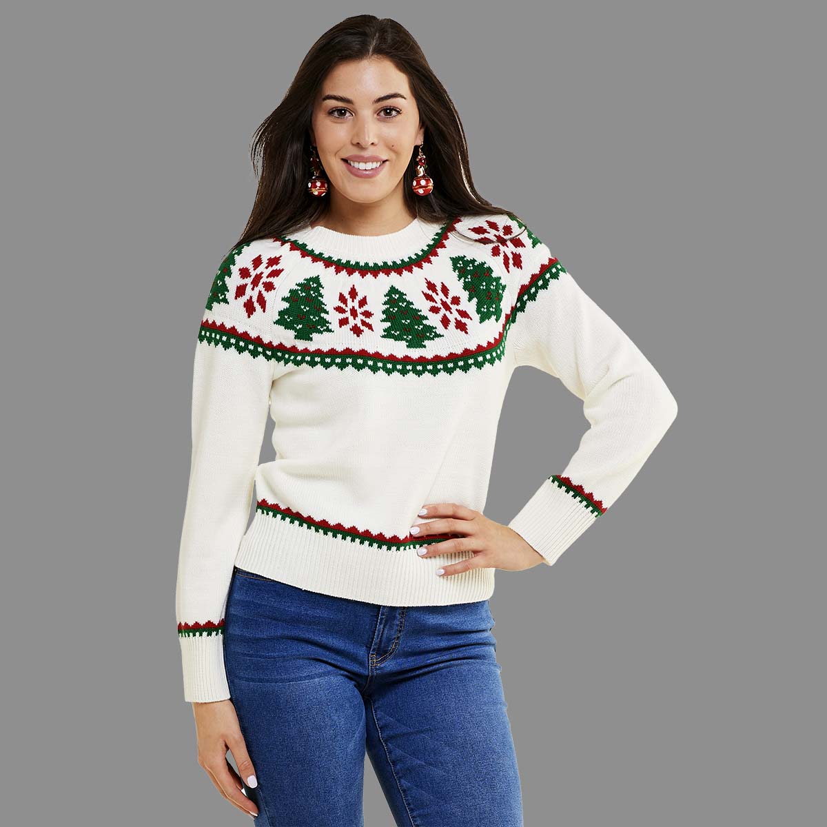 Womens Tint & Shadow Long Sleeve Christmas Tree Yoke Sweater