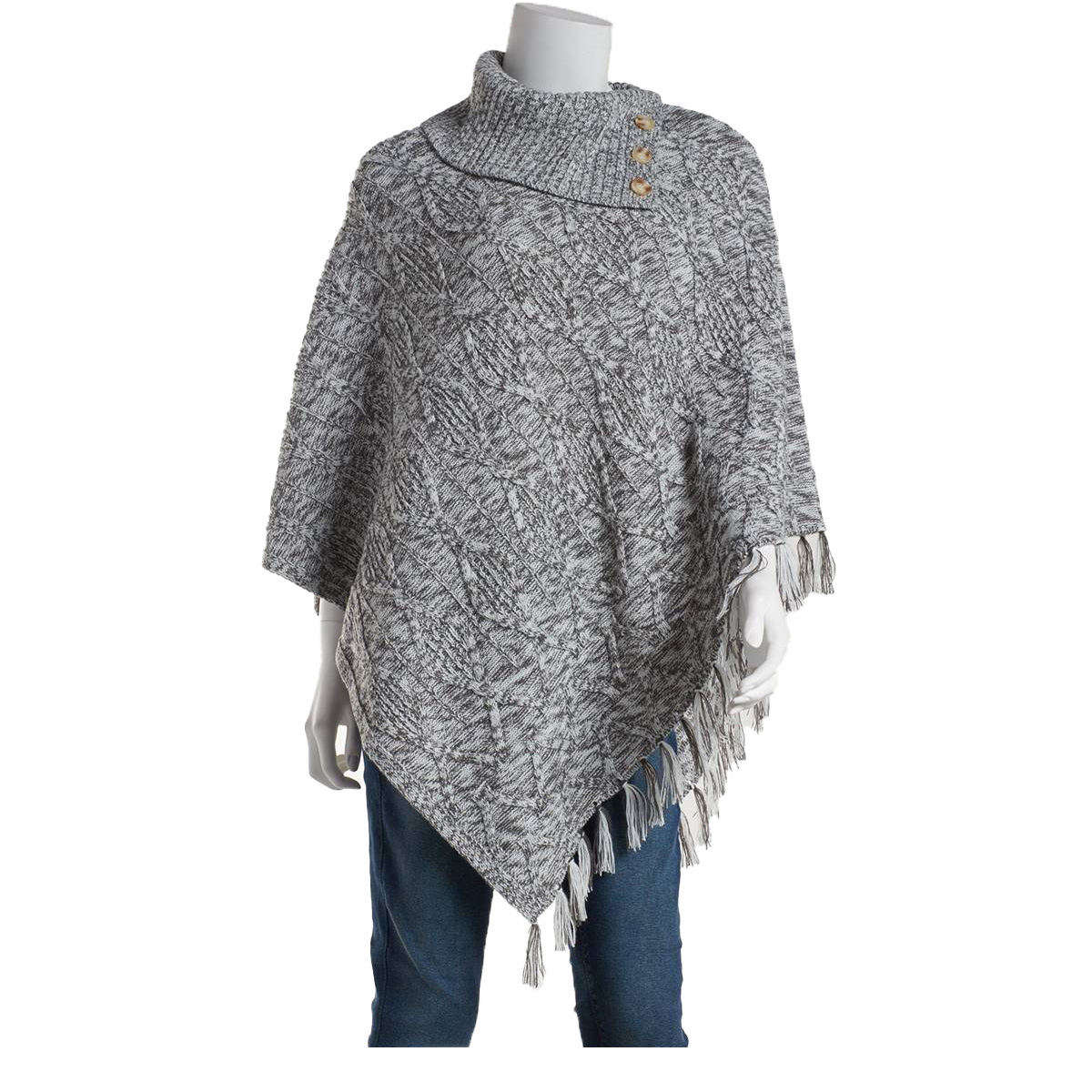 Womens Tint & Shadow Split Neck Solid Cabled Side Fringe Poncho