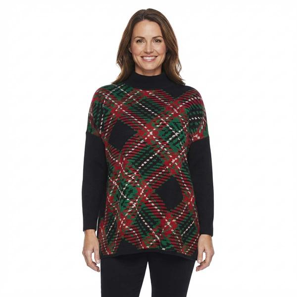 Womens Tint & Shadow Long Sleeve Christmas Plaid Poncho Sweater