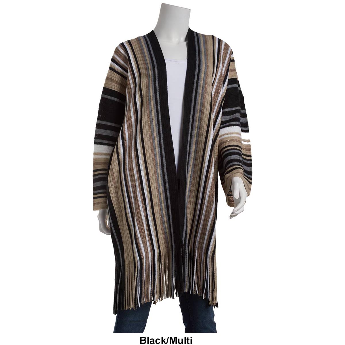 Petite Preswick & Moore(R) 3/4 Sleeve Stripe Luxe Fringe Cardigan