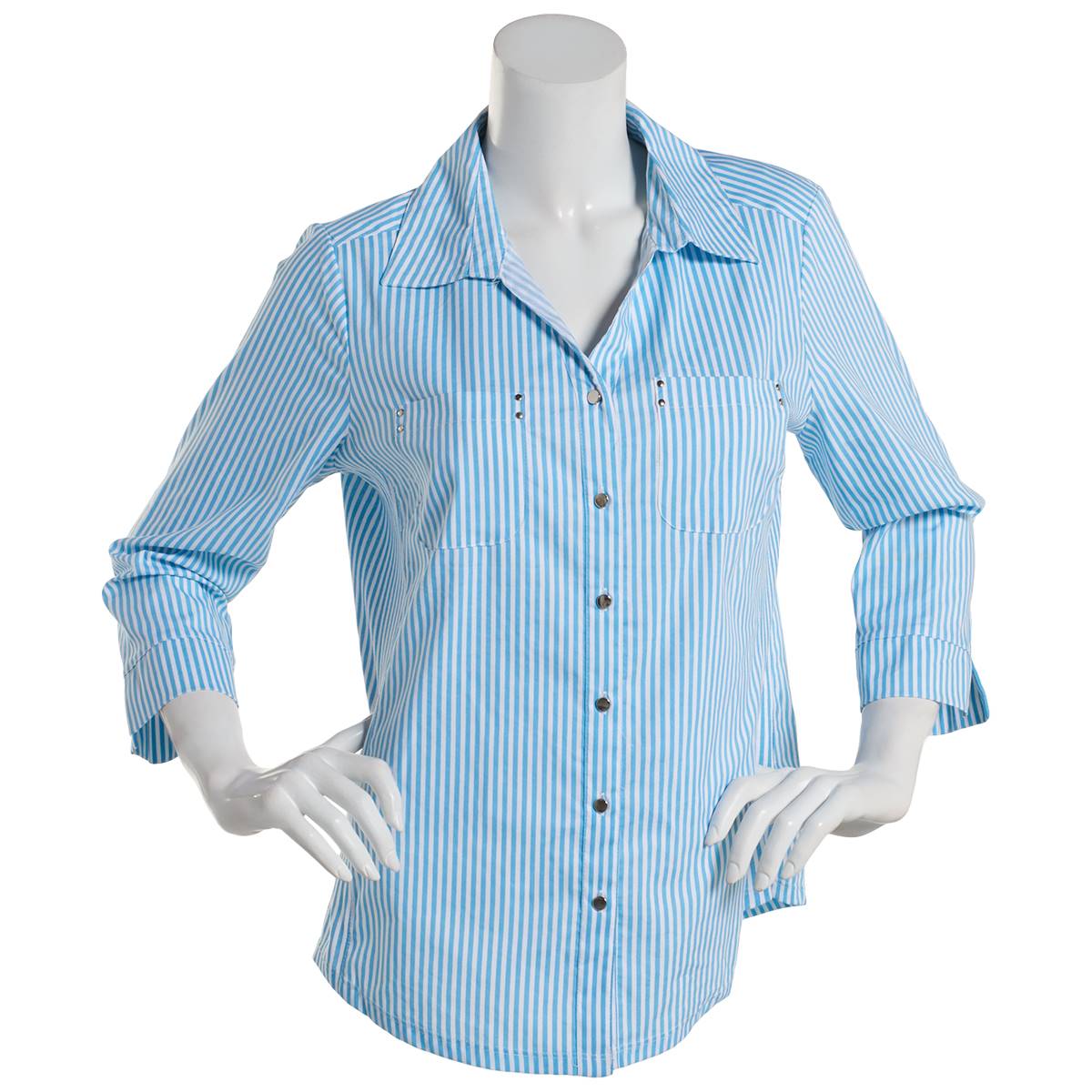 Womens Emily Daniels 3/4 Sleeve Stripe Button Front Blouse-BLUE