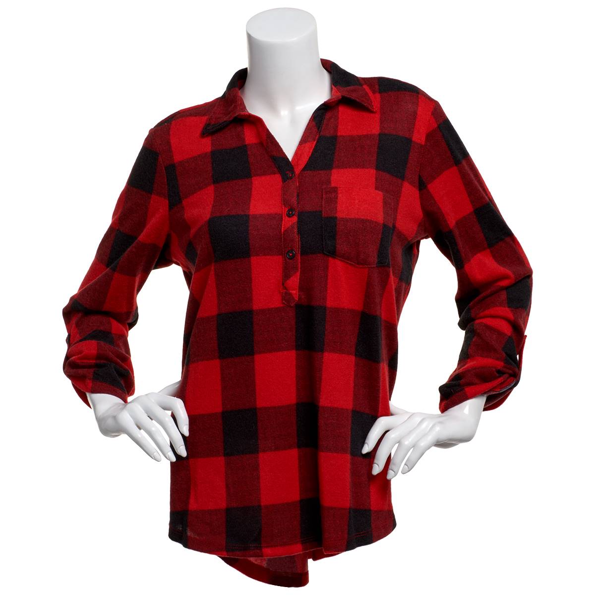 Womens Emily Daniels 3/4 Sleeve Plaid Half Placket Flannel Shirt