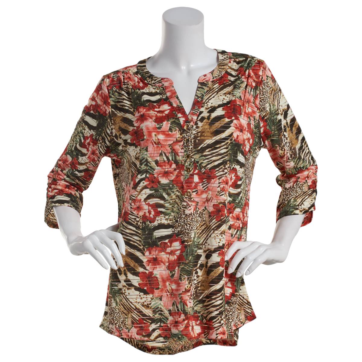 Womens Emily Daniels 3/4 Sleeve Floral Burnout Henley Blouse