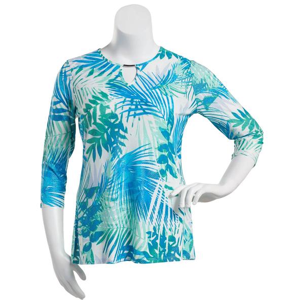 Womens Emily Daniels 3/4 Sleeve Foil Leaf Bar Neck Knit Top-Blue