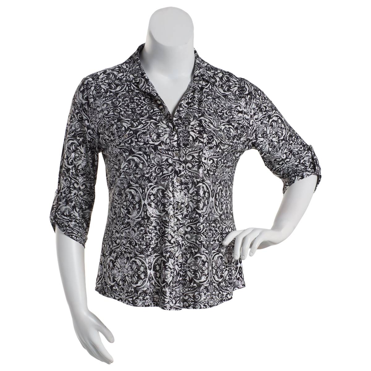 Womens Emily Daniels 3/4 Sleeve Foil Damask Button Down Blouse