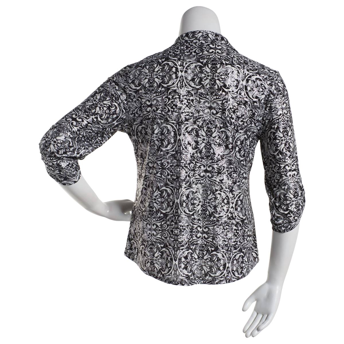 Petite Emily Daniels 3/4 Sleeve Foil Damask Button Down Blouse