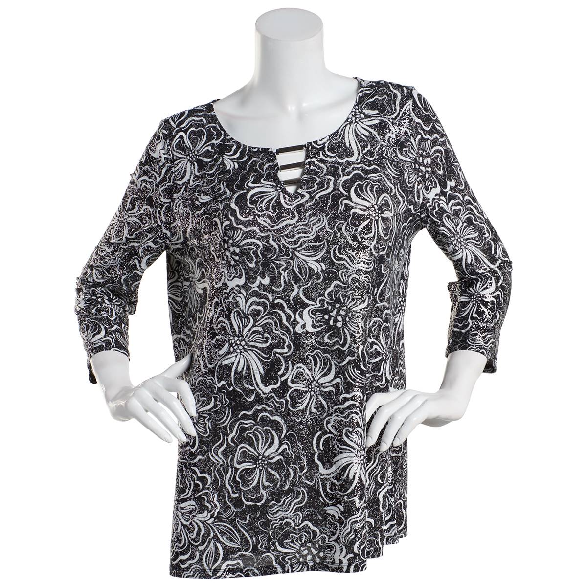 Plus Size Emily Daniels 3/4 Sleeve Foil Floral Bar Neck Blouse