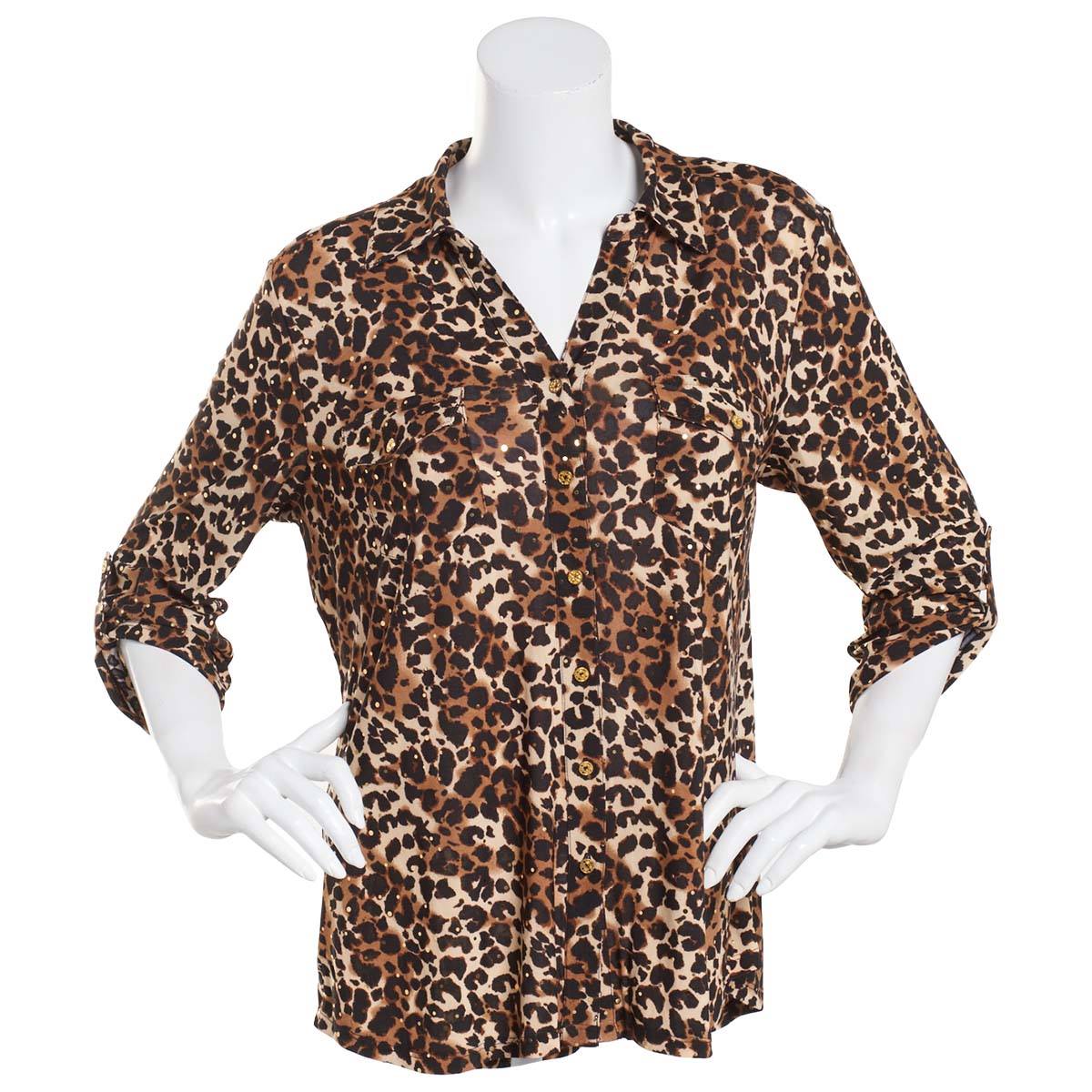 Womens Emily Daniels 3/4 Sleeve Button Down Cheetah Blouse