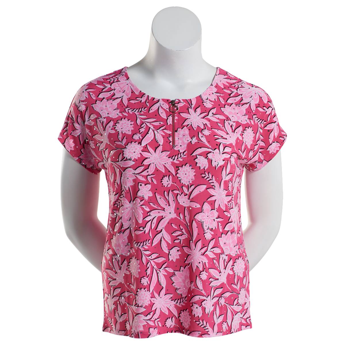 Plus Size Emily Daniels Short Sleeve Zip Disco Dot Floral Tee