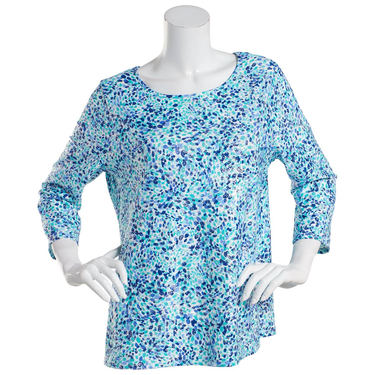 Womens Emily Daniels 3/4 Sleeve Blue Speckled Round Neck Tee