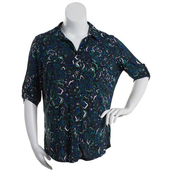 Plus Size Emily Daniels 3/4 Sleeve Dot Floral 2 Pocket Blouse