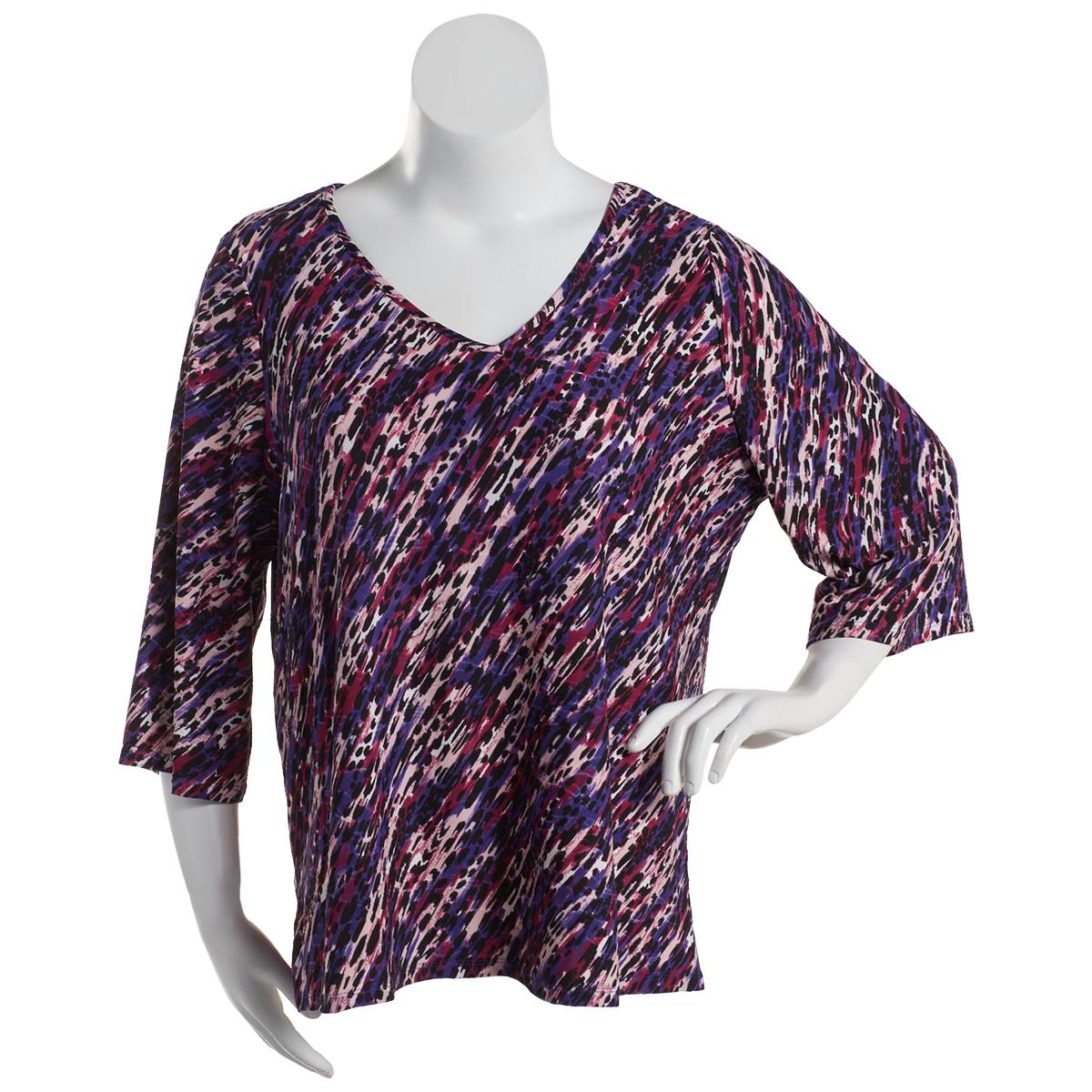 Plus Size Emily Daniels 3/4 Sleeve Abstrac Jacquard V-Neck Blouse