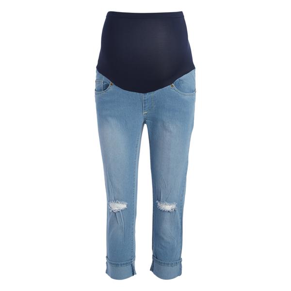 Womens Times Two Over The Belly Ripped Knee Maternity Capris
