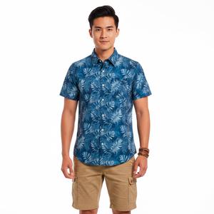 Mens Chaps Performance Tropical Leaf Button Down Shirt-Blue Stone