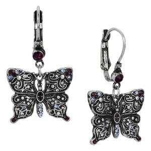 1928 Antiqued Silver-Tone Purple & Blue Butterfly Earrings