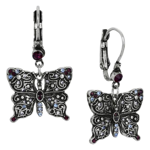 1928 Antiqued Silver-Tone Purple & Blue Butterfly Earrings