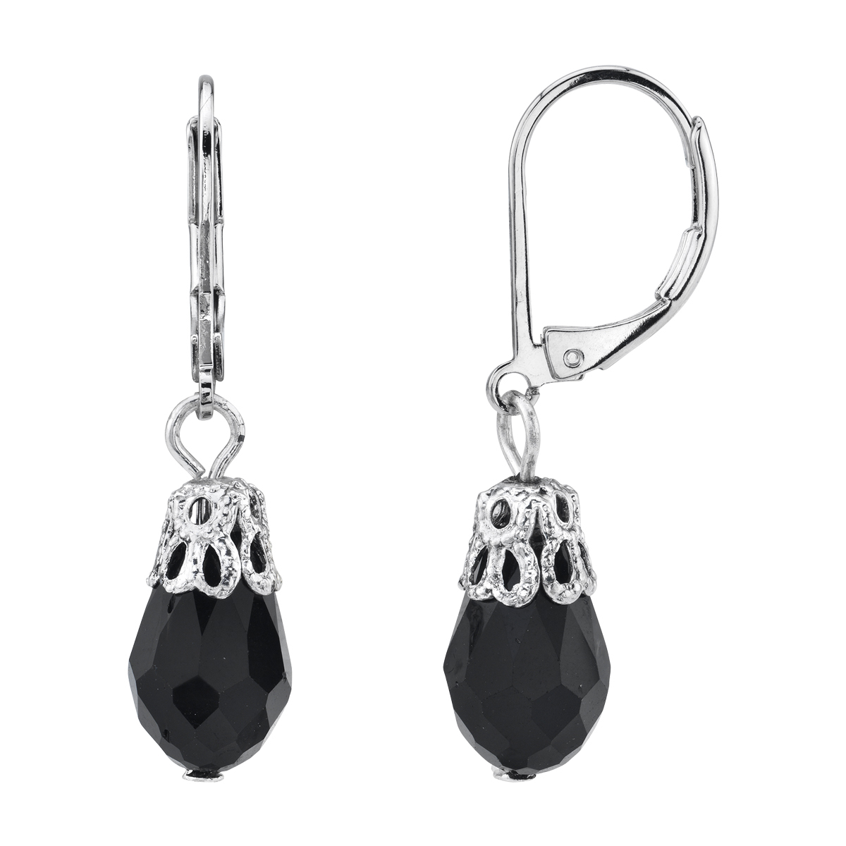 1928 Silver-Tone & Faceted Jet Drop Earrings