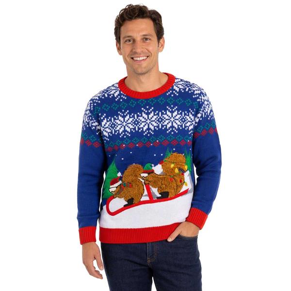 Mens Holiday Hype Sledding Squirrels Ugly Christmas Sweater