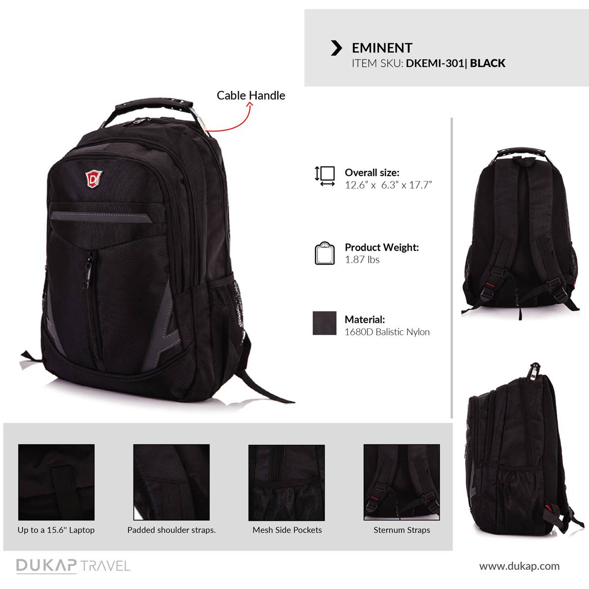 DUKAP Eminent Executive Backpack W/ 15.6in. Laptop Pouch