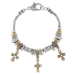 Antique Silver & Gold Plated Cross & Square Bead Charms Bracelet
