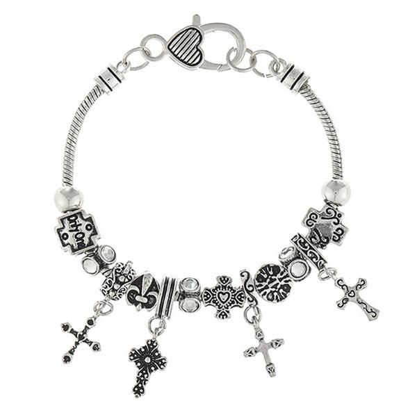 Antique Silver Plated Multiple Cross Charms Bracelet