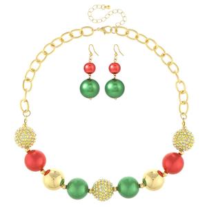 Red, Green, & Gold Christmas Bead Necklace & Earrings Set