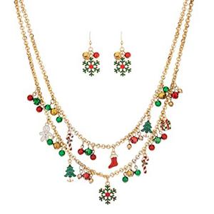Gold-Tone Layered Holiday Charm Necklace & Earrings Set