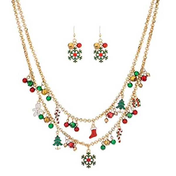 Gold-Tone Layered Holiday Charm Necklace & Earrings Set