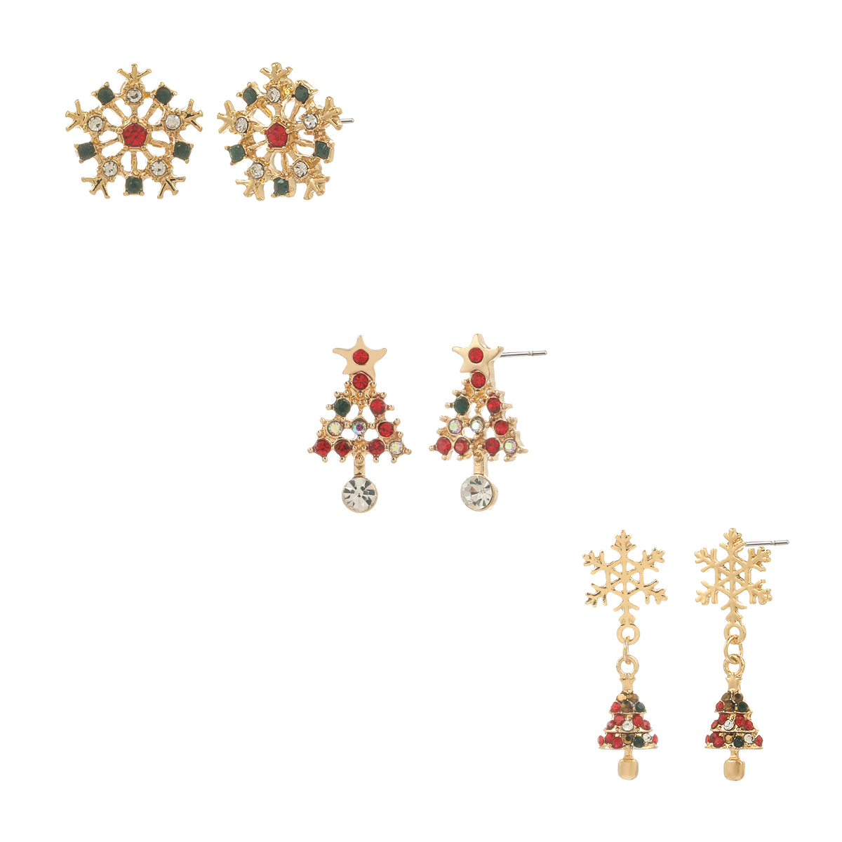 3pr. Snowflake & Christmas Tree Earrings Set