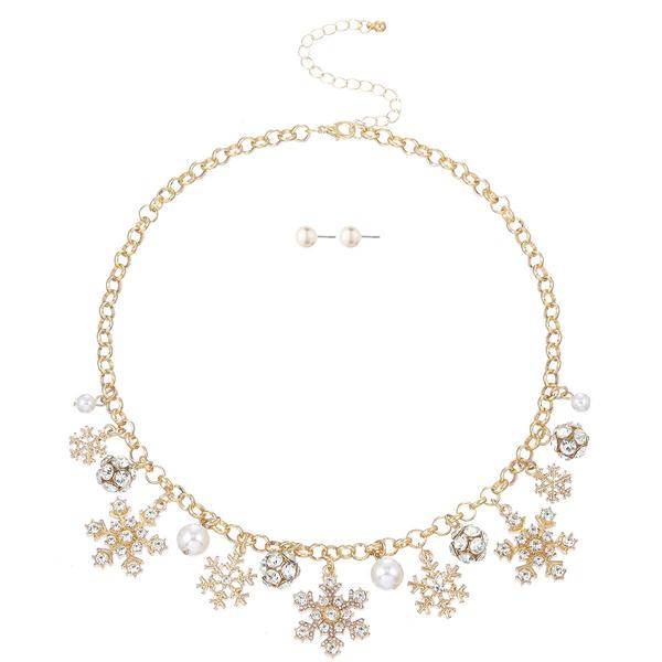 Snowflake Pearl & Crystal Ball Charm Necklace & Earrings Set