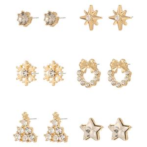 6pc. Christmas-Themed Gold-Tone Crystal Stud Earrings Set