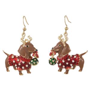 Dachshund in Christmas Sweater with Ornament Earrings