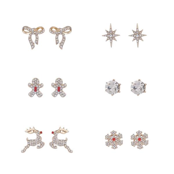 6pc. Bow/Star/Gingerbread Man/Reindeer/Snowflake/Crystal Earrings