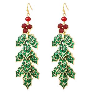 Gold Plated Green Holly with Red Berries Dangle Earrings
