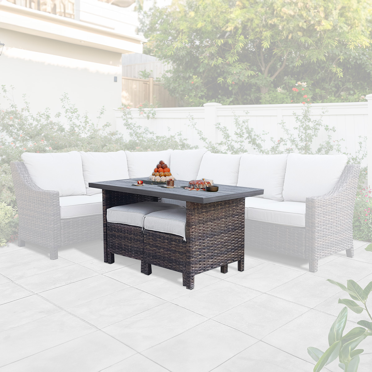 Palermo Faux-Wood Slat Table & 2 Ottomans