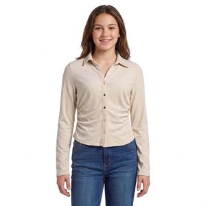 Juniors Love Tree Stretch Suede Ruch Button Front Shirt alternate view