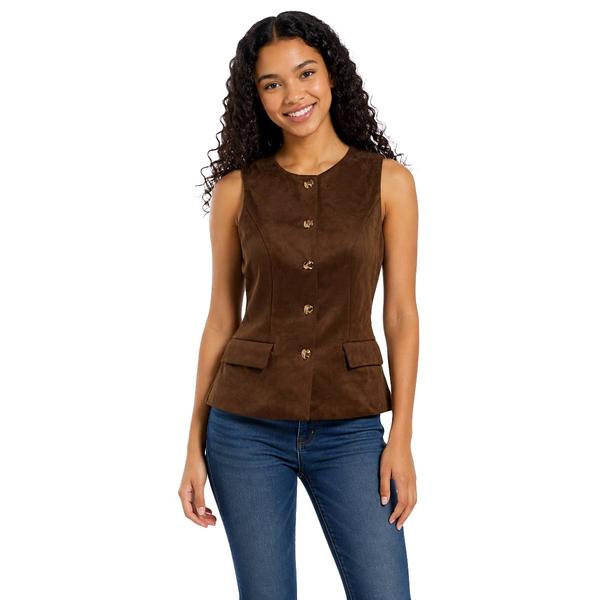 Juniors Love Tree Stretch Suede Gold Button Front Vest alternate view