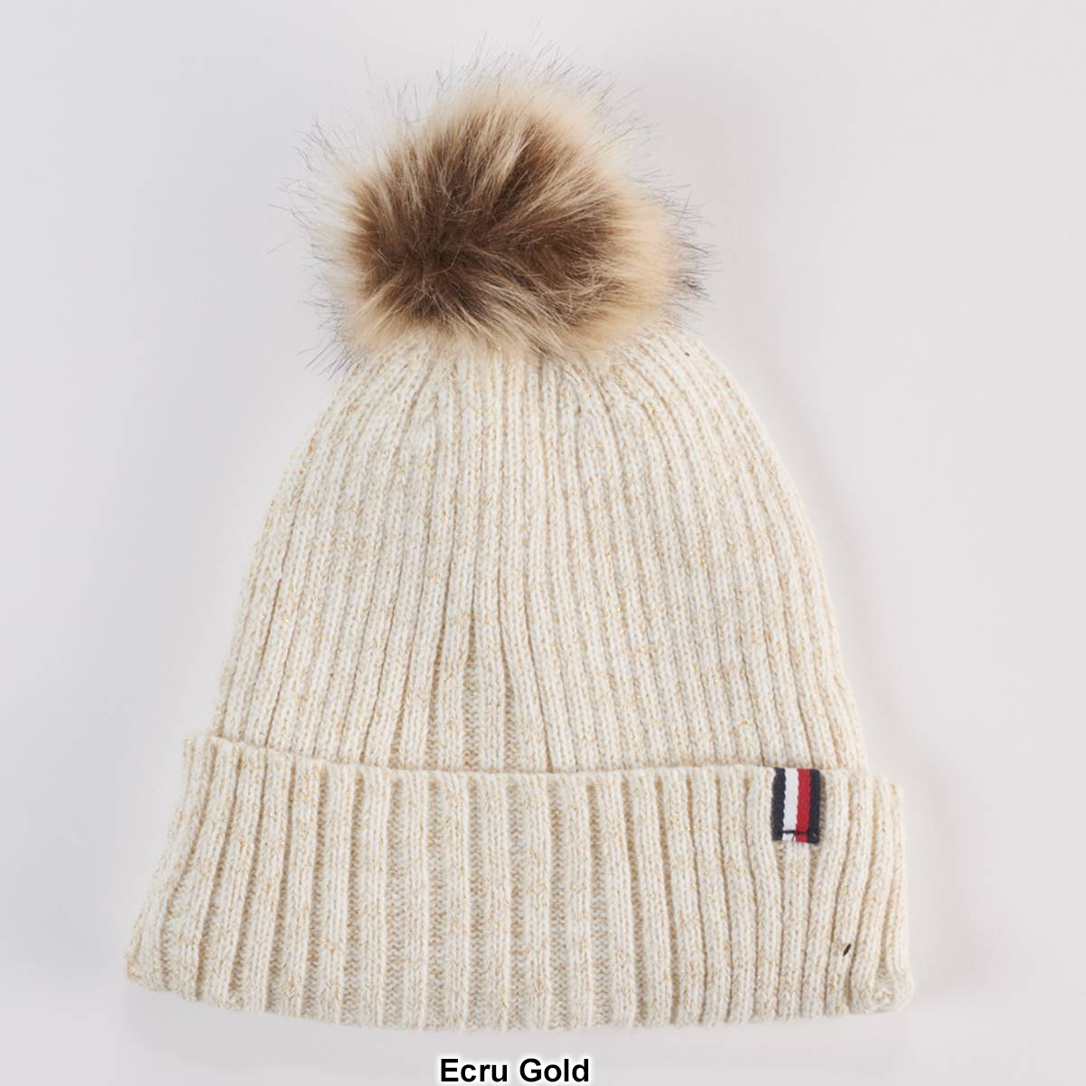 Womens Tommy Hilfiger Metallic Rib Cuff Winter Hat W/Faux Fur Pom