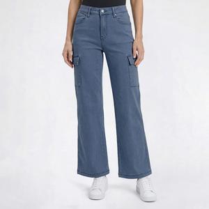 Womens Bleu Denim Wide Leg Cargo Pockets Jeans alternate view