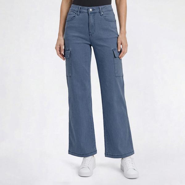 Womens Bleu Denim Wide Leg Cargo Pockets Jeans alternate view