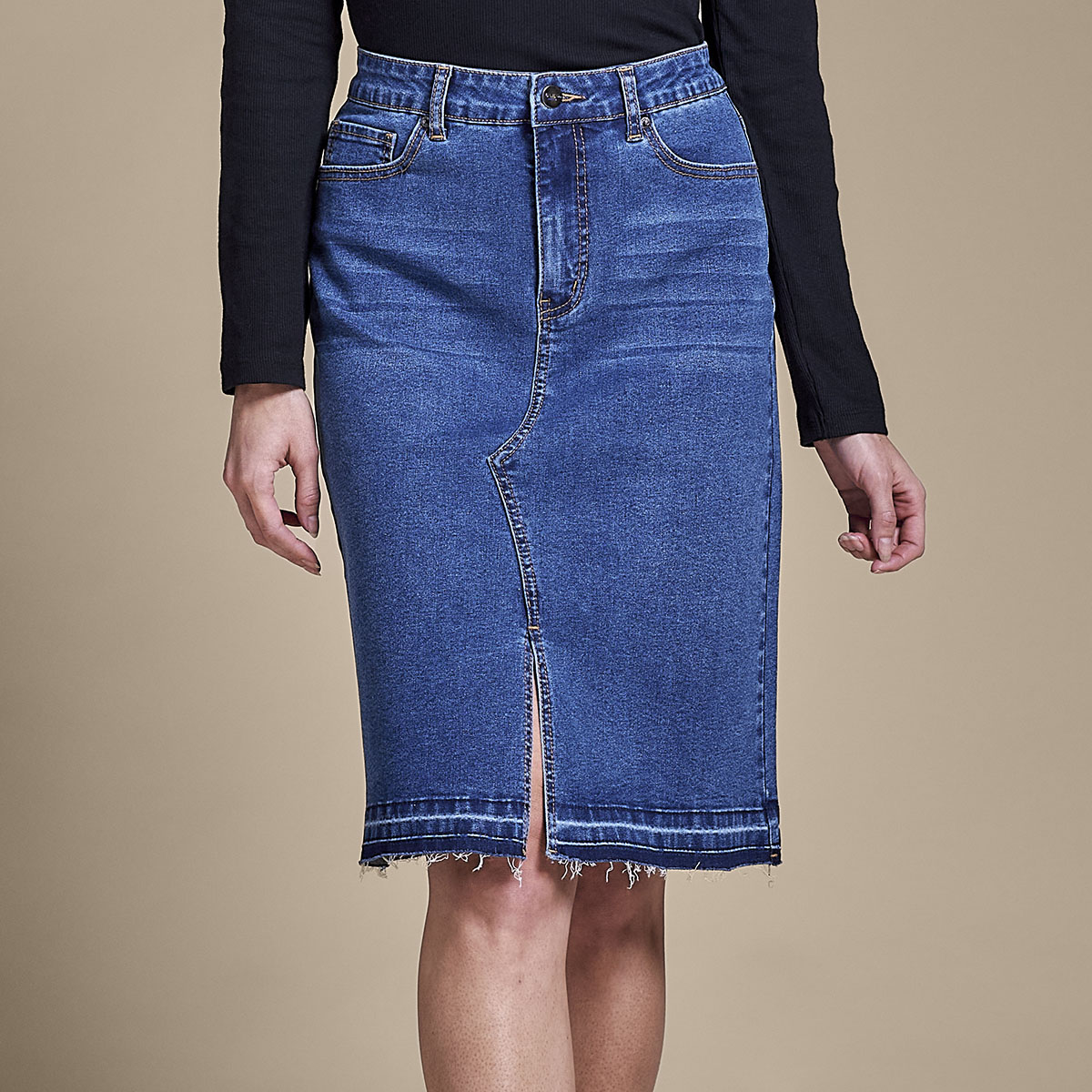 Petites Bleu by Rod Released Hem Denim Skirt w/Center Front Slit